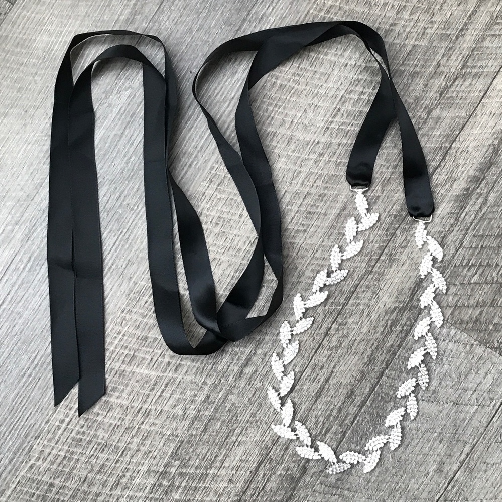 Rhinestone and Black Satin Ribbon Sash Belt Headpiece